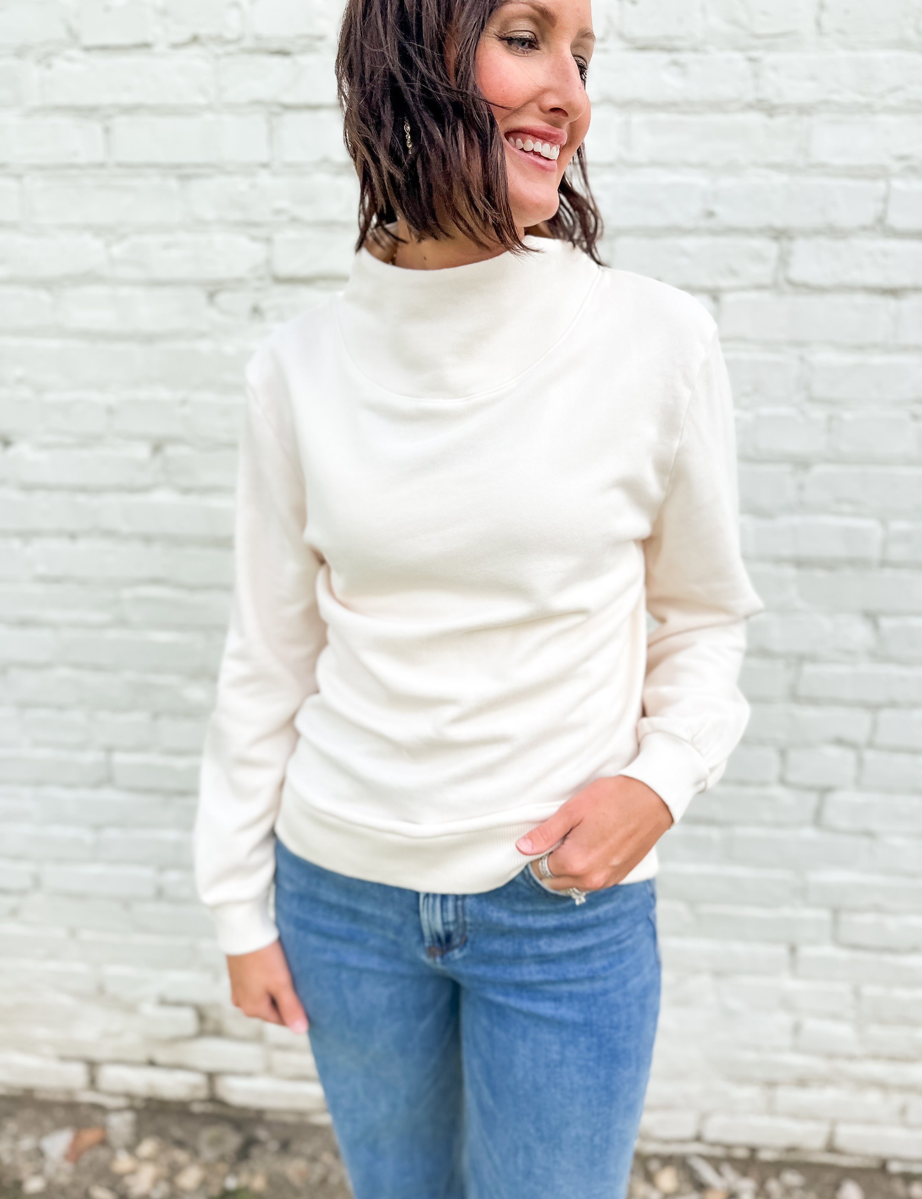 The Terry Open Mock Neck Pullover by Hello Nite