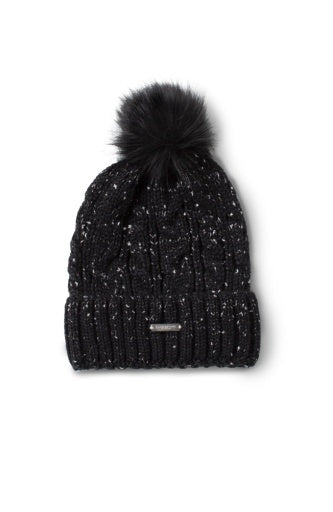 LIVERPOOL Cable Knit Beanie with Faux Fur Pouf