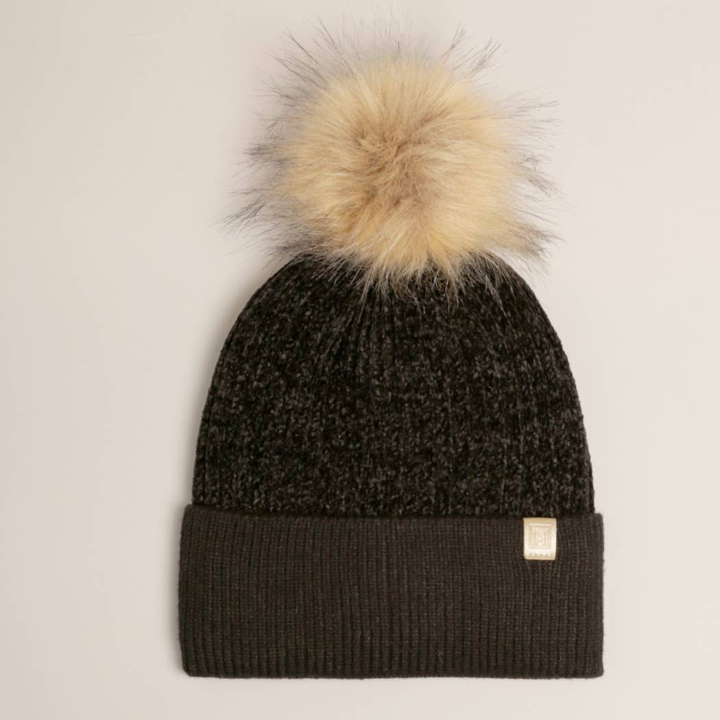 Winter Solid Chenille Cuff Beanie with Pom Pom