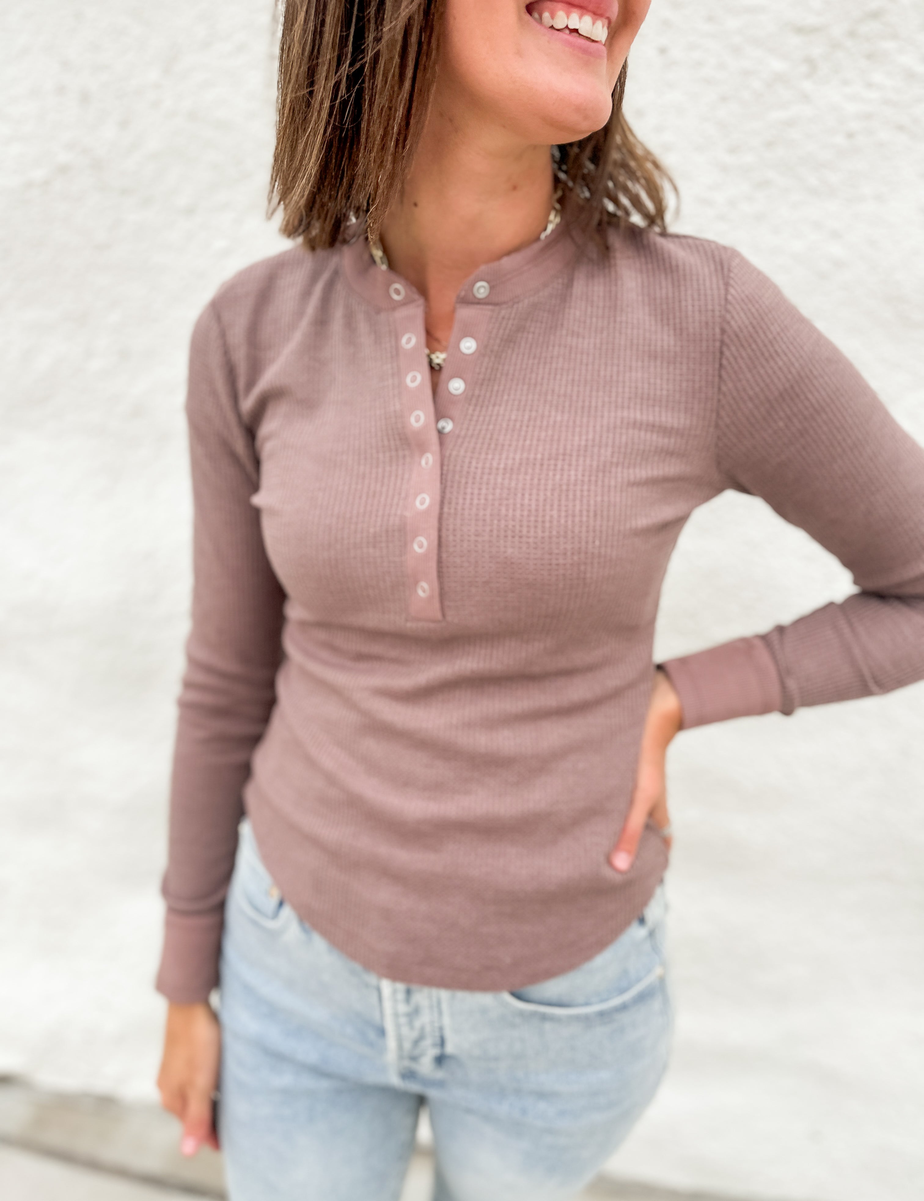 The Jenna Button Waffle Long Sleeve Top