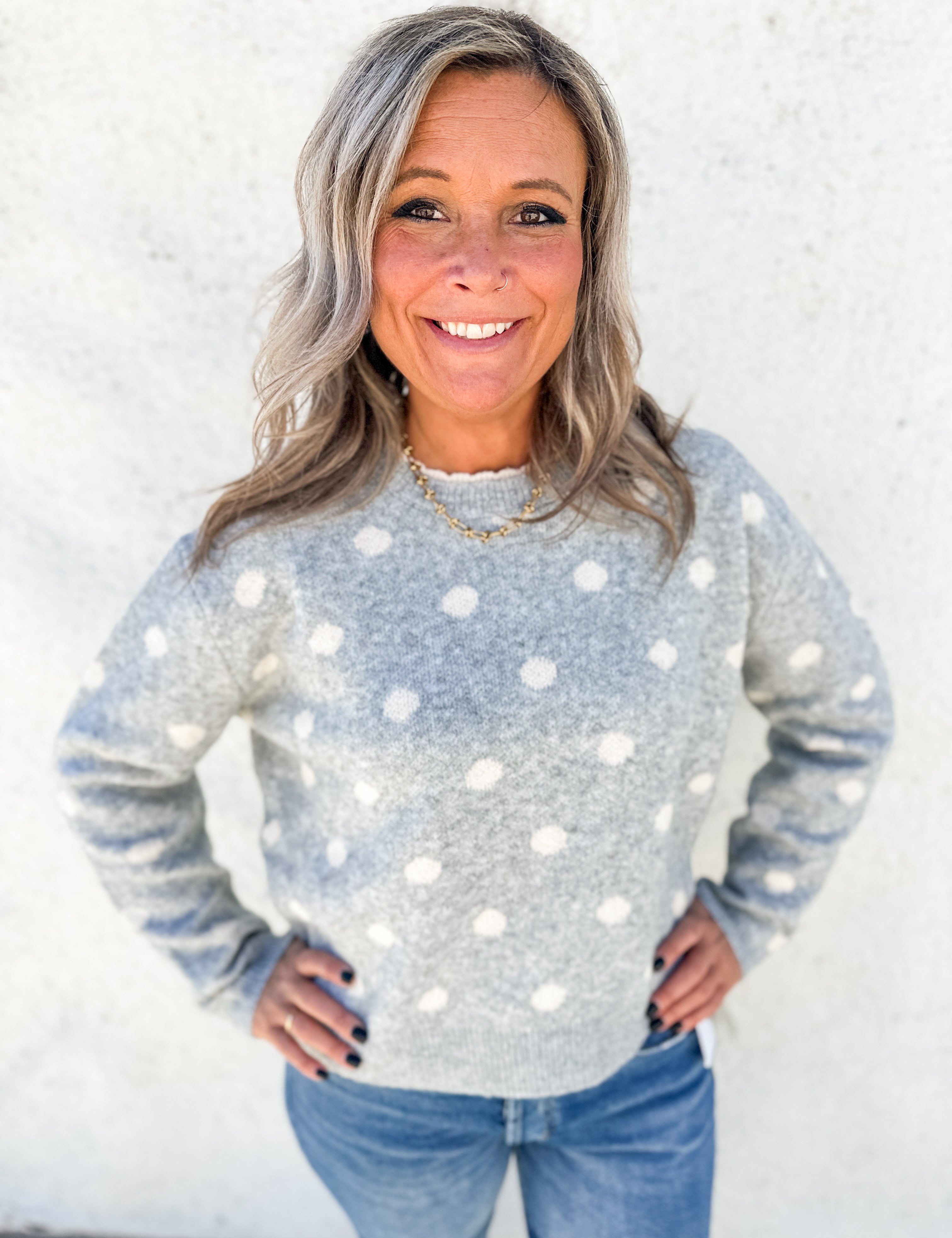 The Nora Polka Dot Sweater with Lace Trim