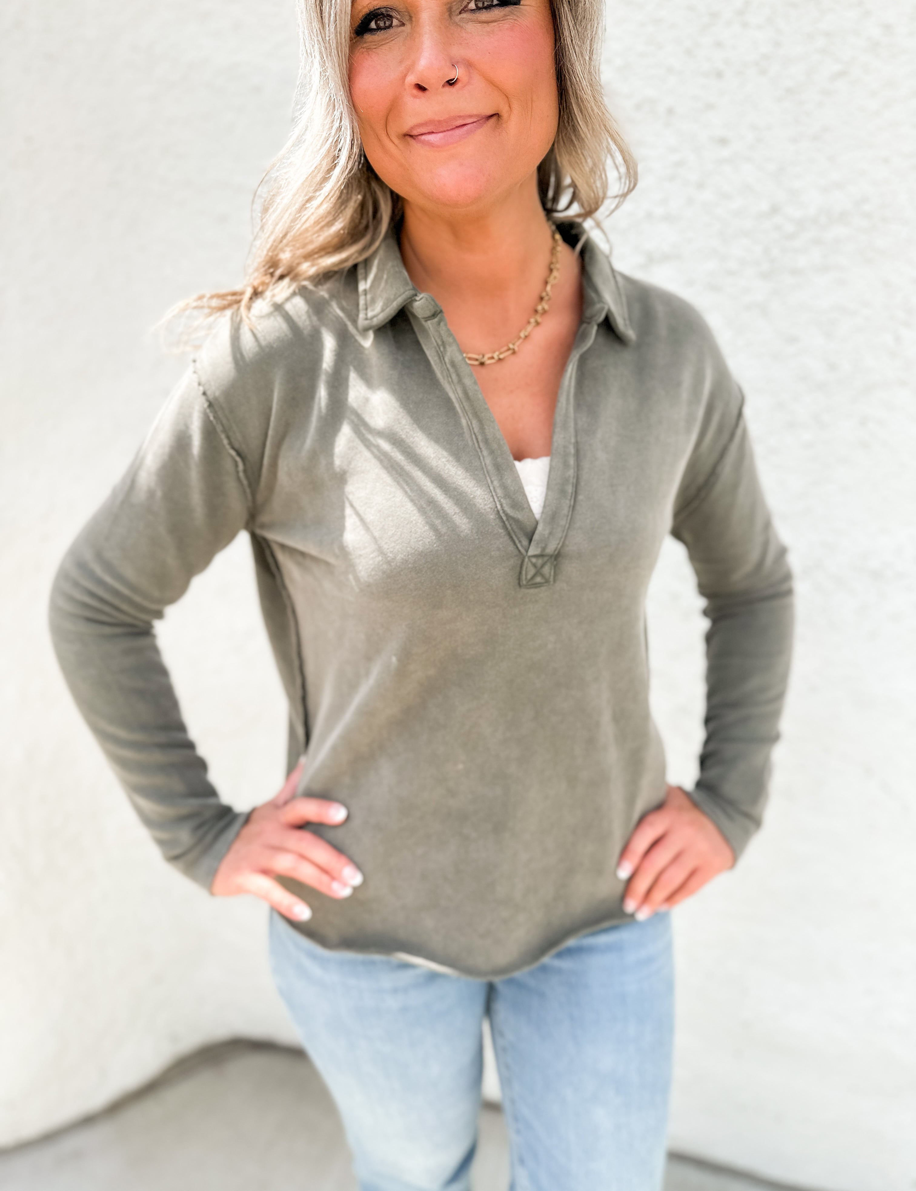 The Terry Johnny Collar Pullover by Hello Nite
