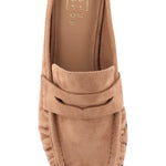 A single tan suede penny loafer mule shown from a top-down view on a white background. The brand name 'SHOES BY SHARMA' is visible on the insole.
