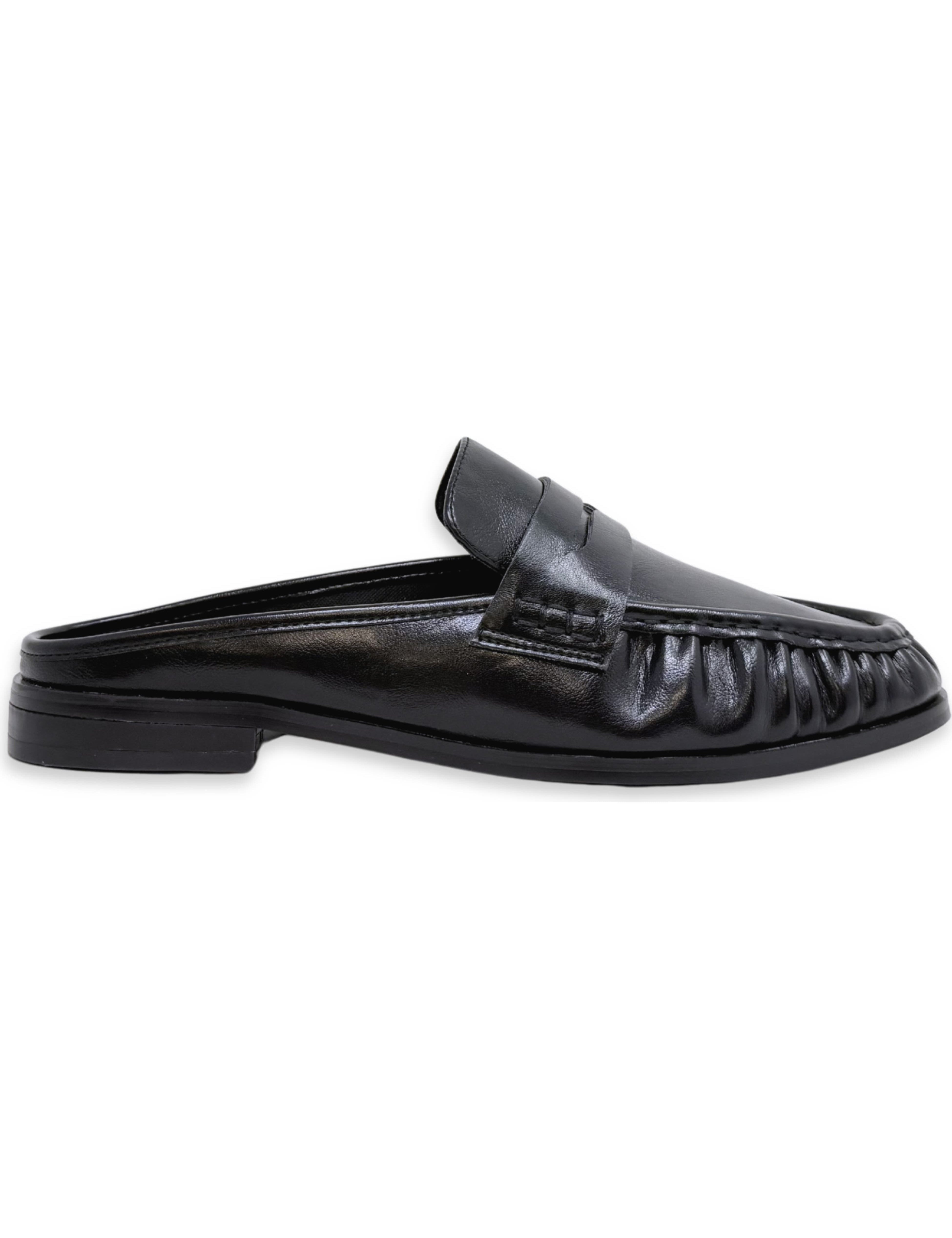 A single black leather mule loafer with a low block heel, shown in a side profile view against a plain white background.