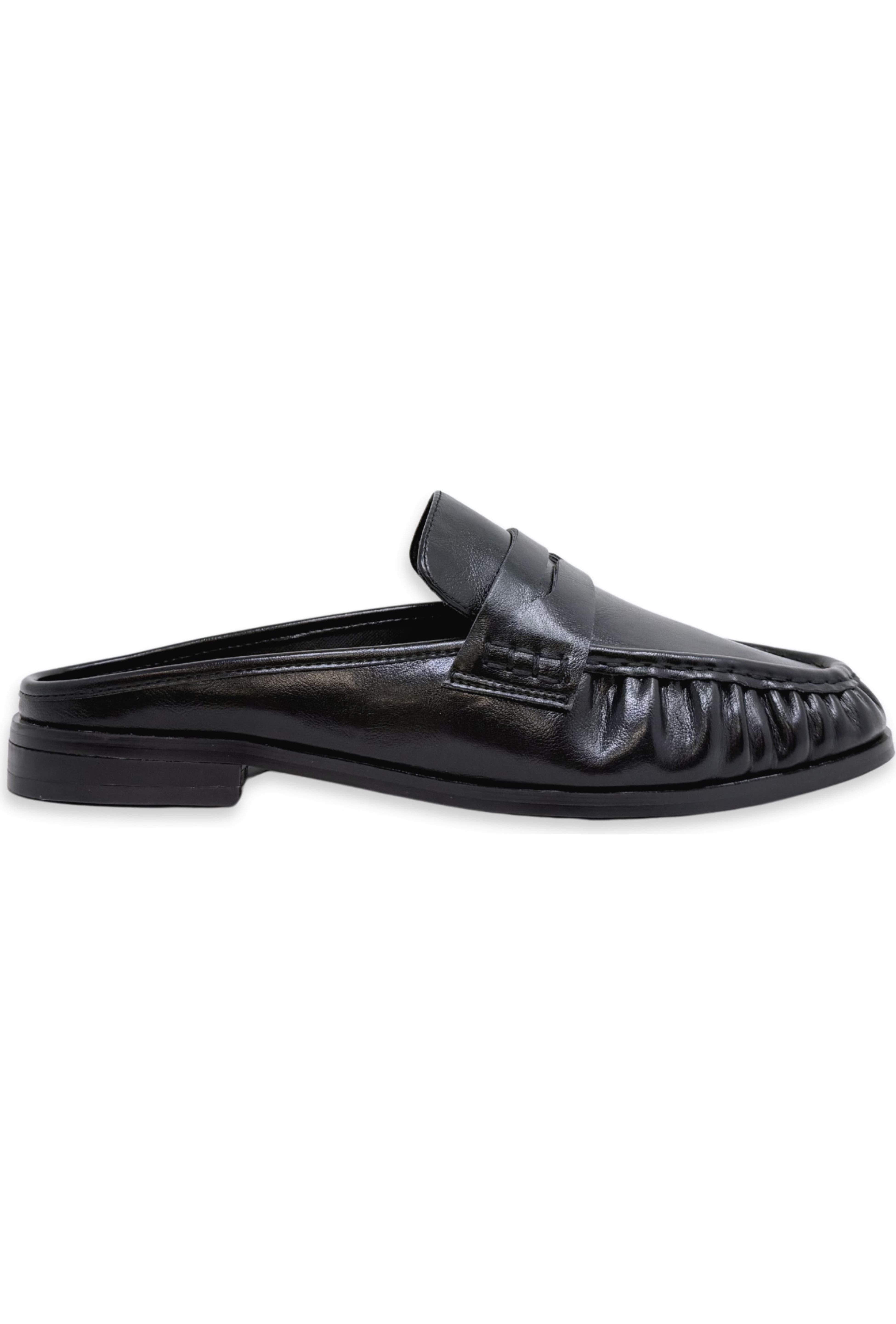 A single black leather mule loafer with a low block heel, shown in a side profile view against a plain white background.
