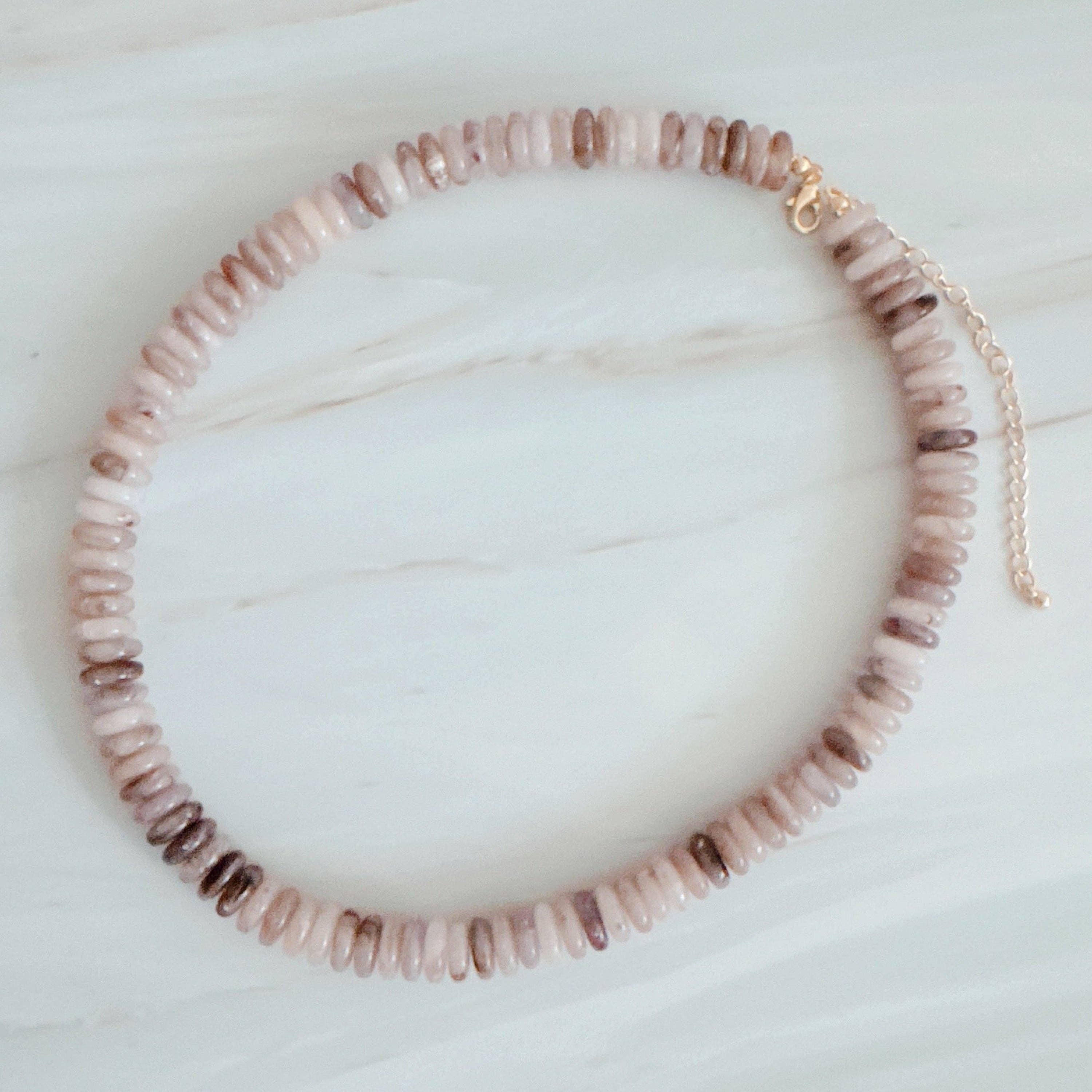 Beaded necklace with blush, brown, & cream beads
