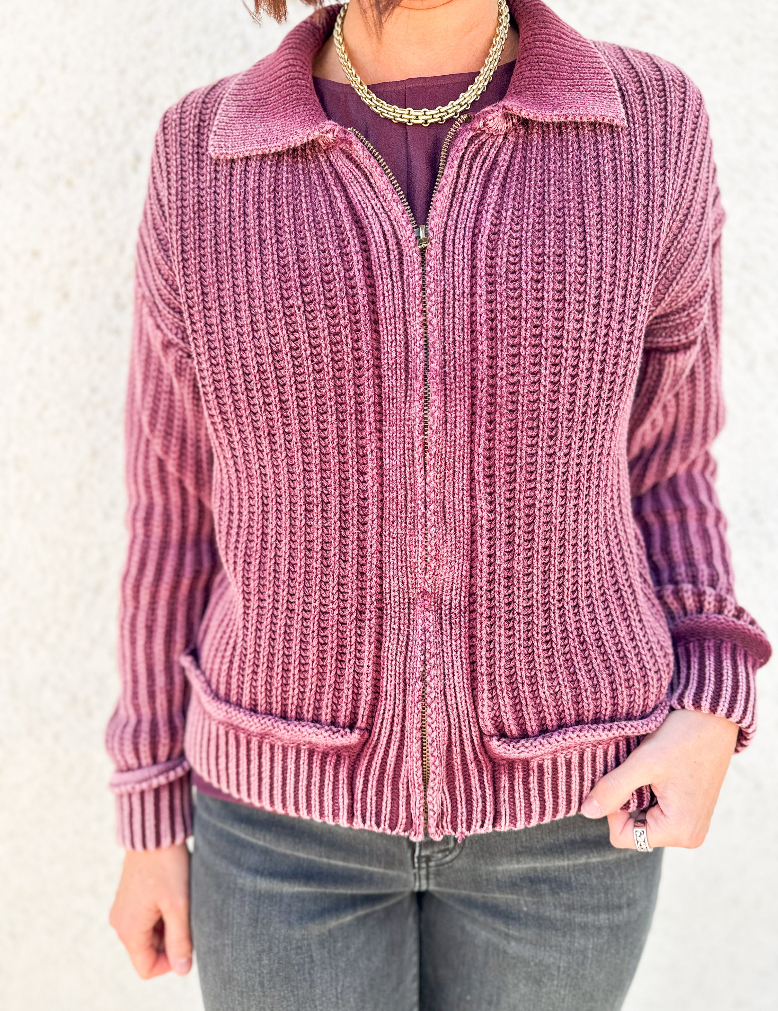 The Addie Washed Ribbed Zip-Up Sweater