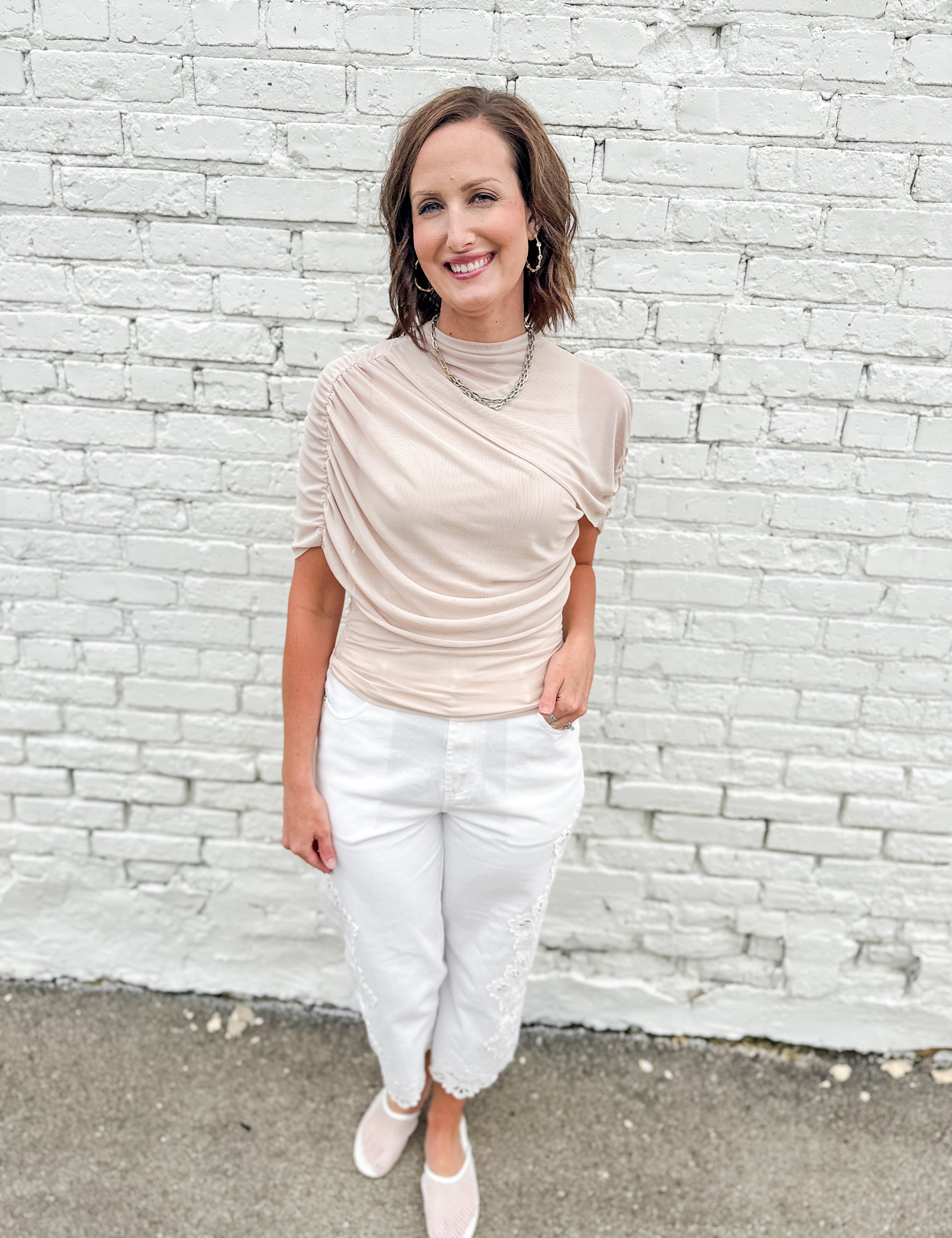The Saylor Asymmetrical Cape Ruched Top