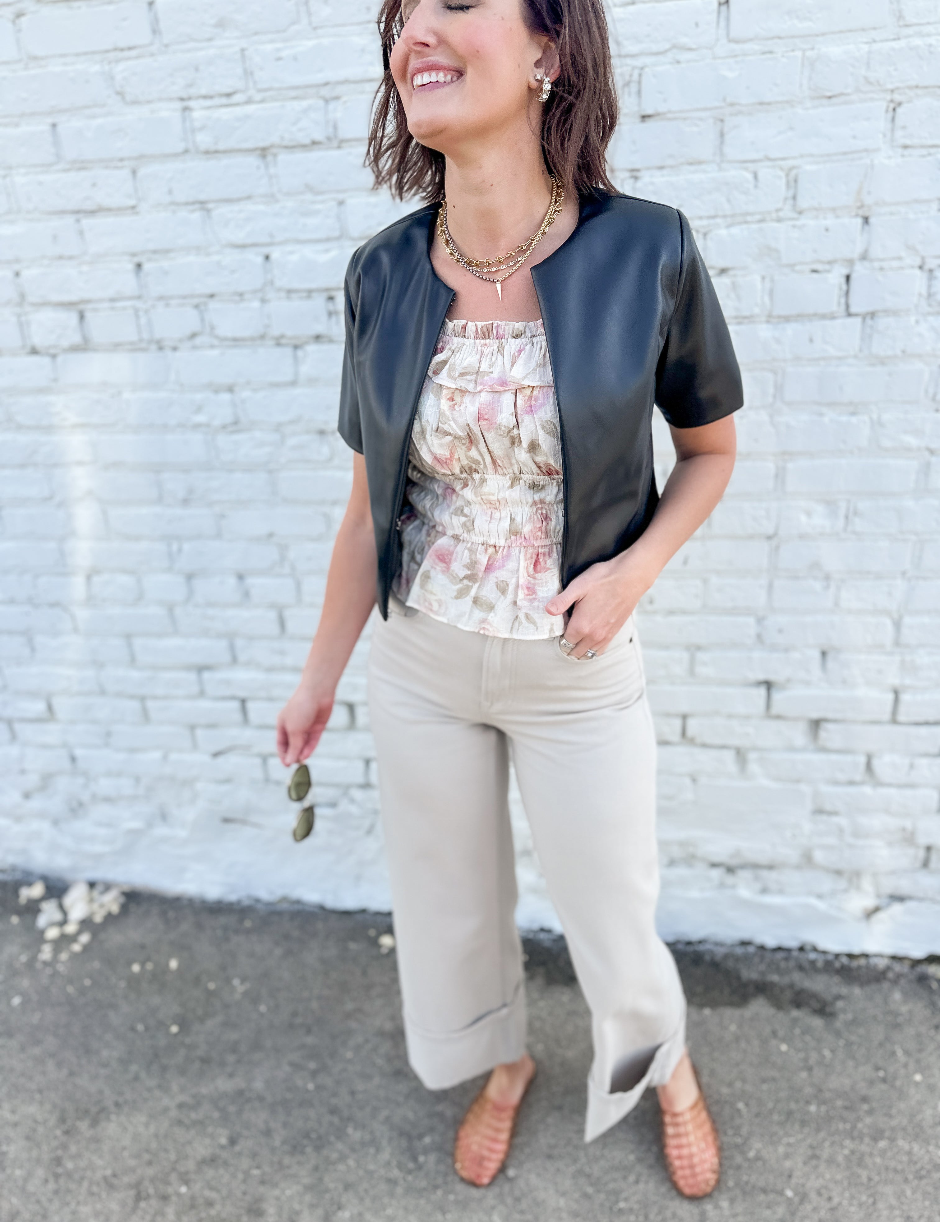 The Quinn Faux Leather Round Neck Jacket by Six Fifty