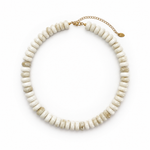 A beaded collar necklace made of irregular, disc-shaped beads in off-white and light beige with natural marbling, featuring a gold-tone chain extender and clasp, shown on a plain white background.