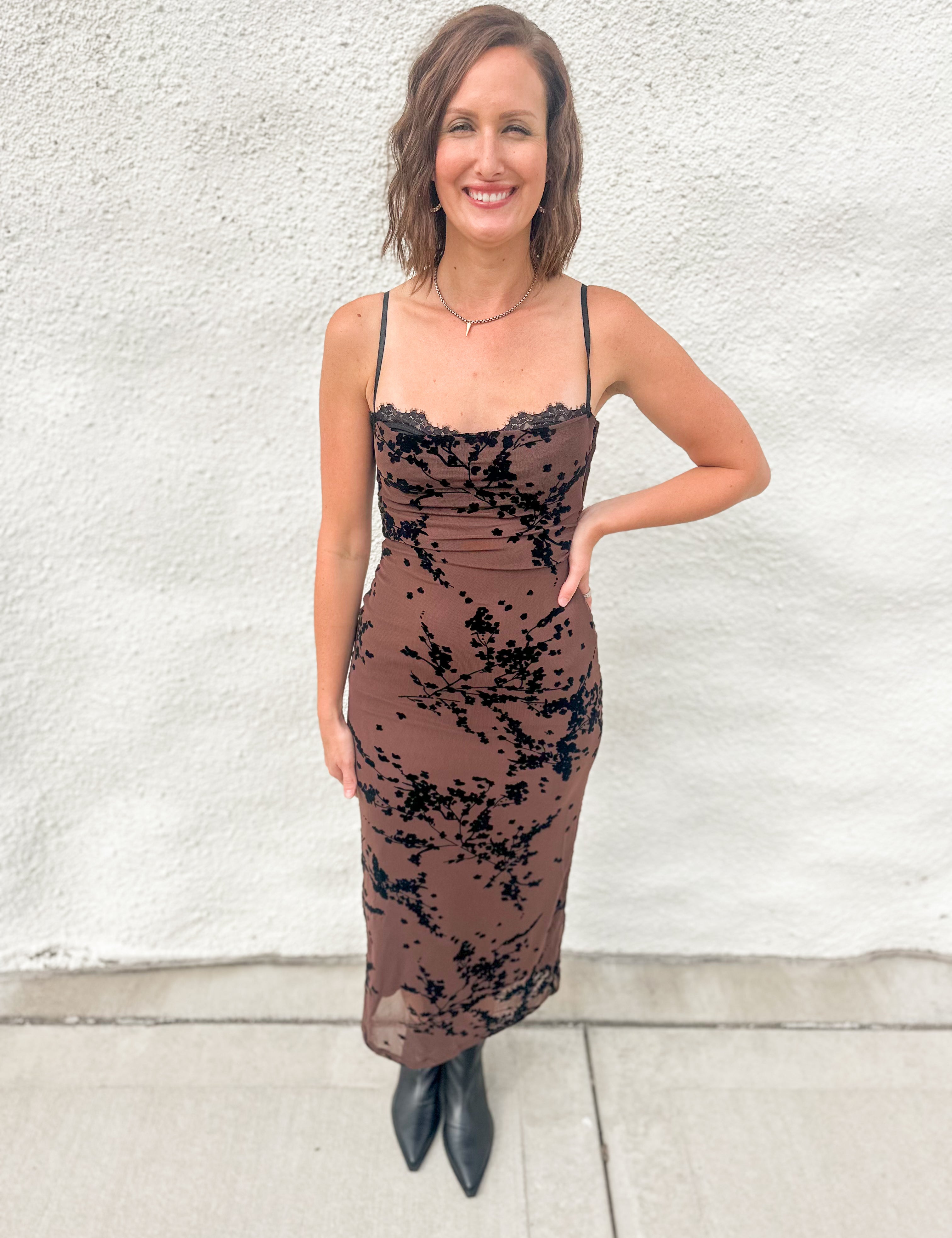 The Adrianna Lace Burnout Mesh Midi Dress