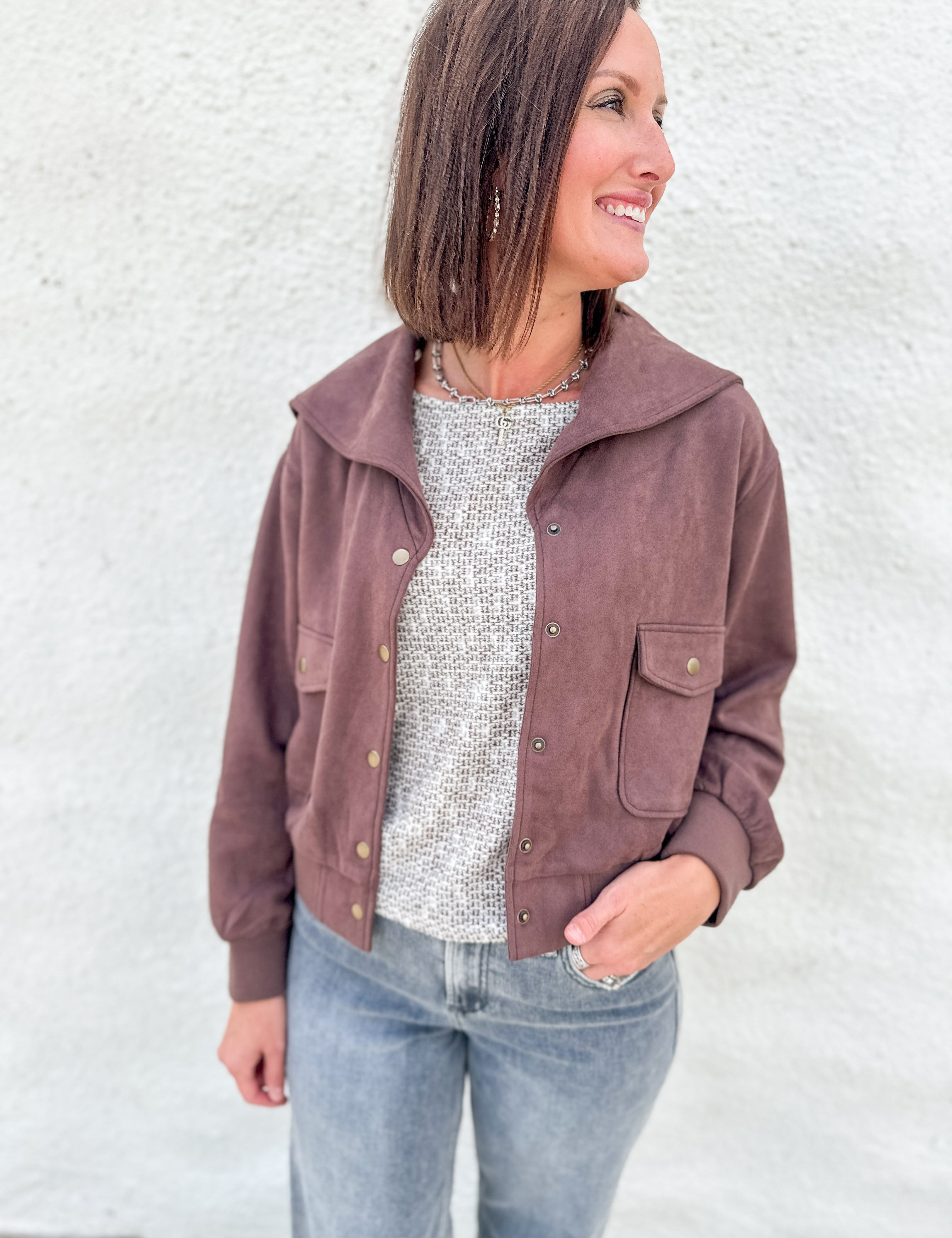 Brown suede relaxed bomber jacket with gold buttons and pockets
