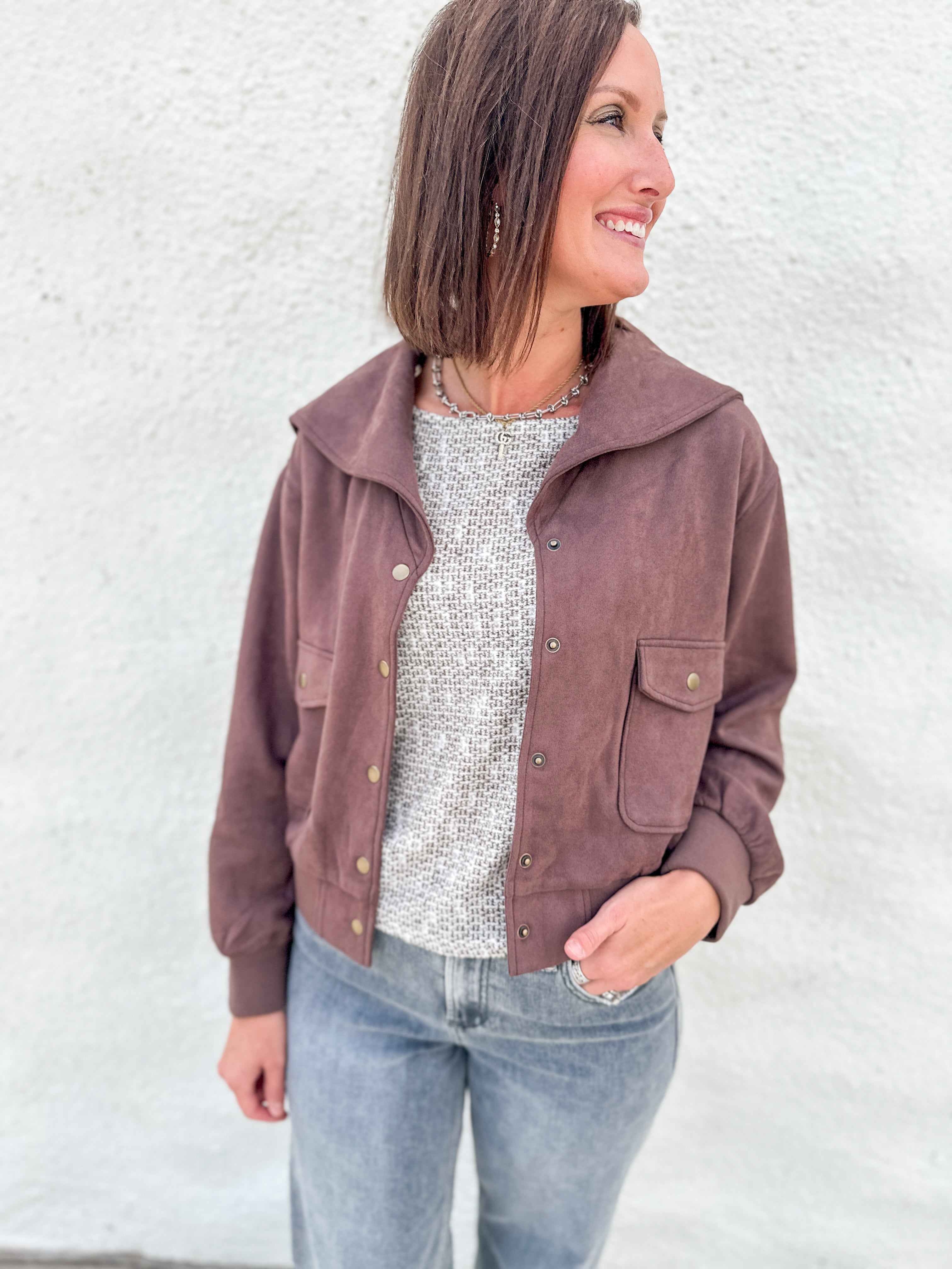 Brown suede relaxed bomber jacket with gold buttons and pockets