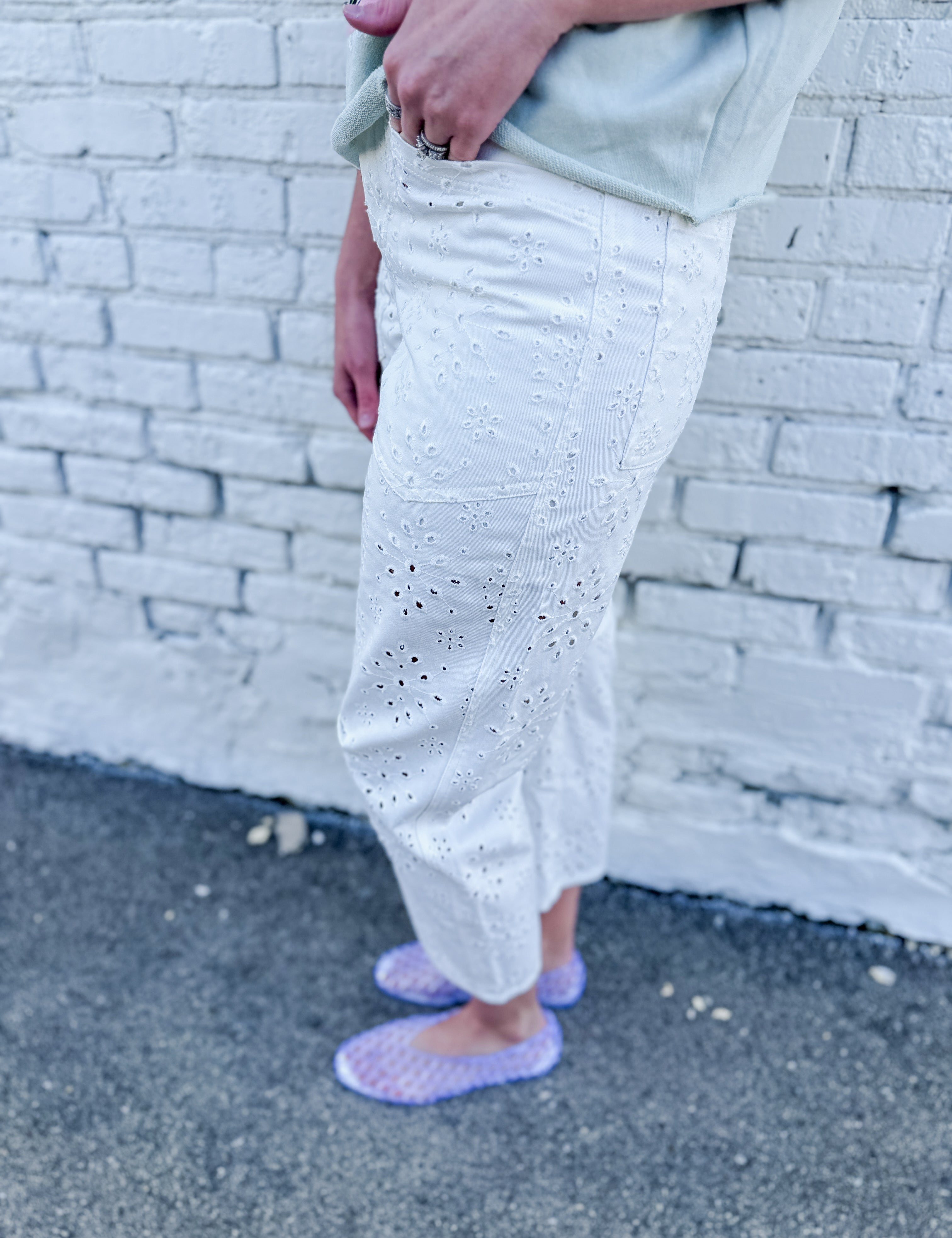 The Kendall Eyelet Embroidered Cropped Barrel Pant by Current Air
