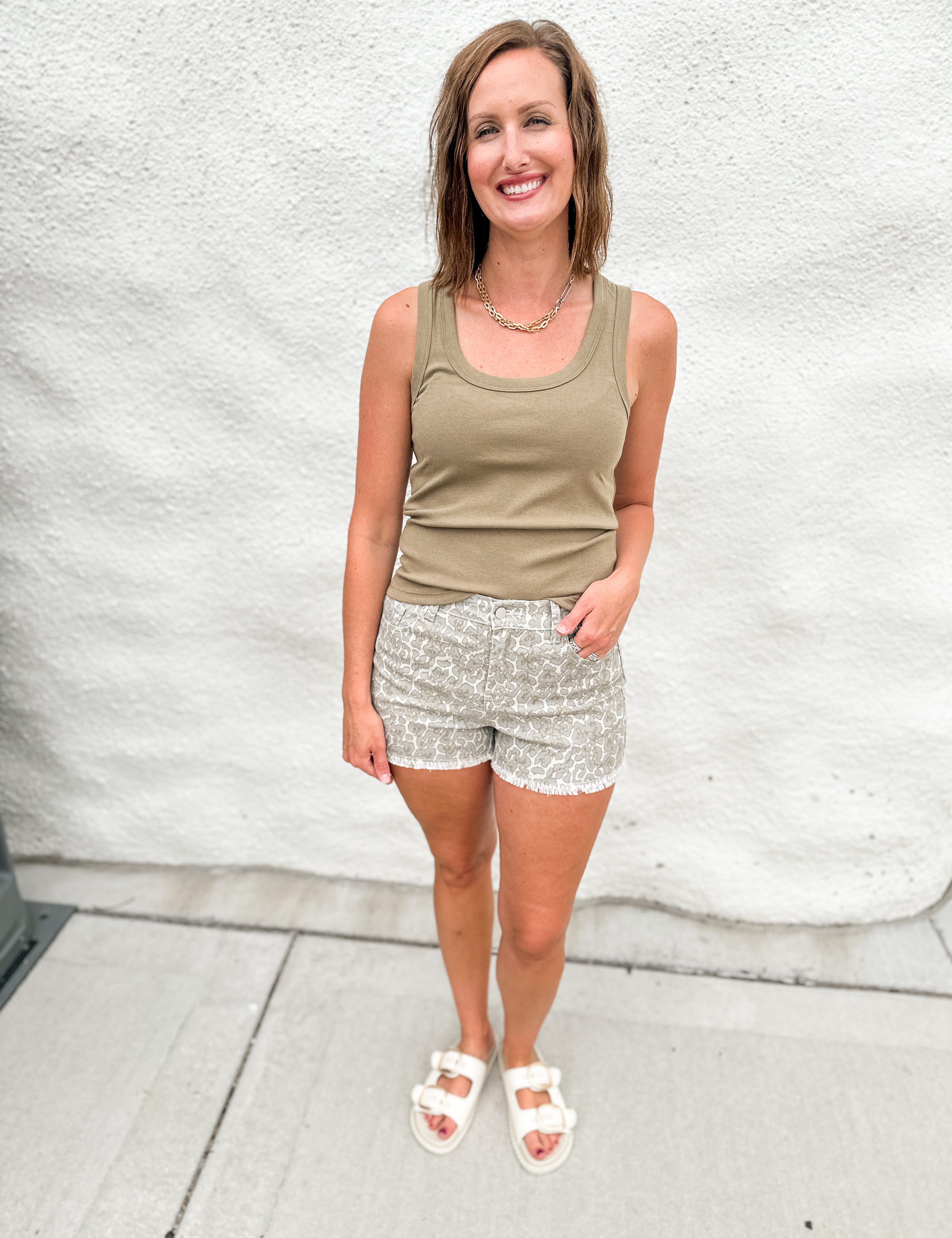 The Leo Print Raw Edge Denim Shorts