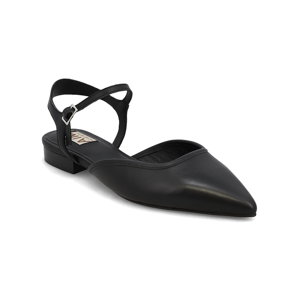 A leather black pointed toed flat with an adjustable ankle strap and low heel.