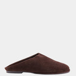 A single dark brown suede mule slipper shown in profile against a light gray background.