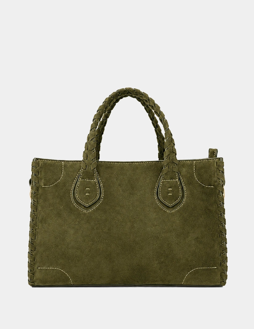 An olive green suede tote bag with braided top handles and decorative stitched corner details, shown against a plain light gray background.