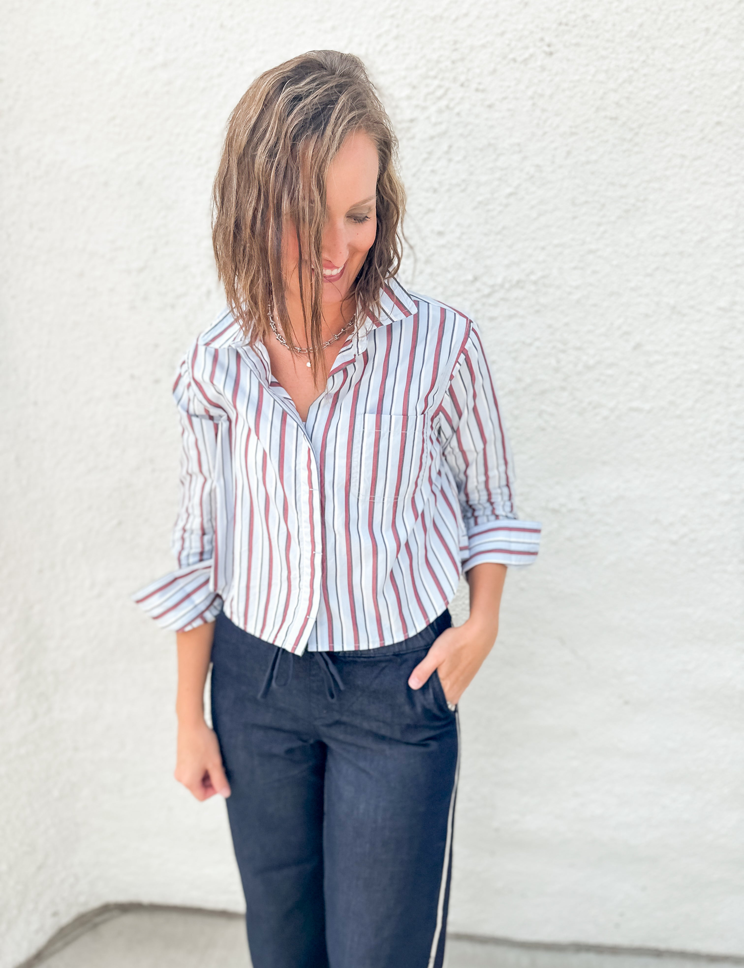 The June Crop Button Up Striped Blouse by Bobi