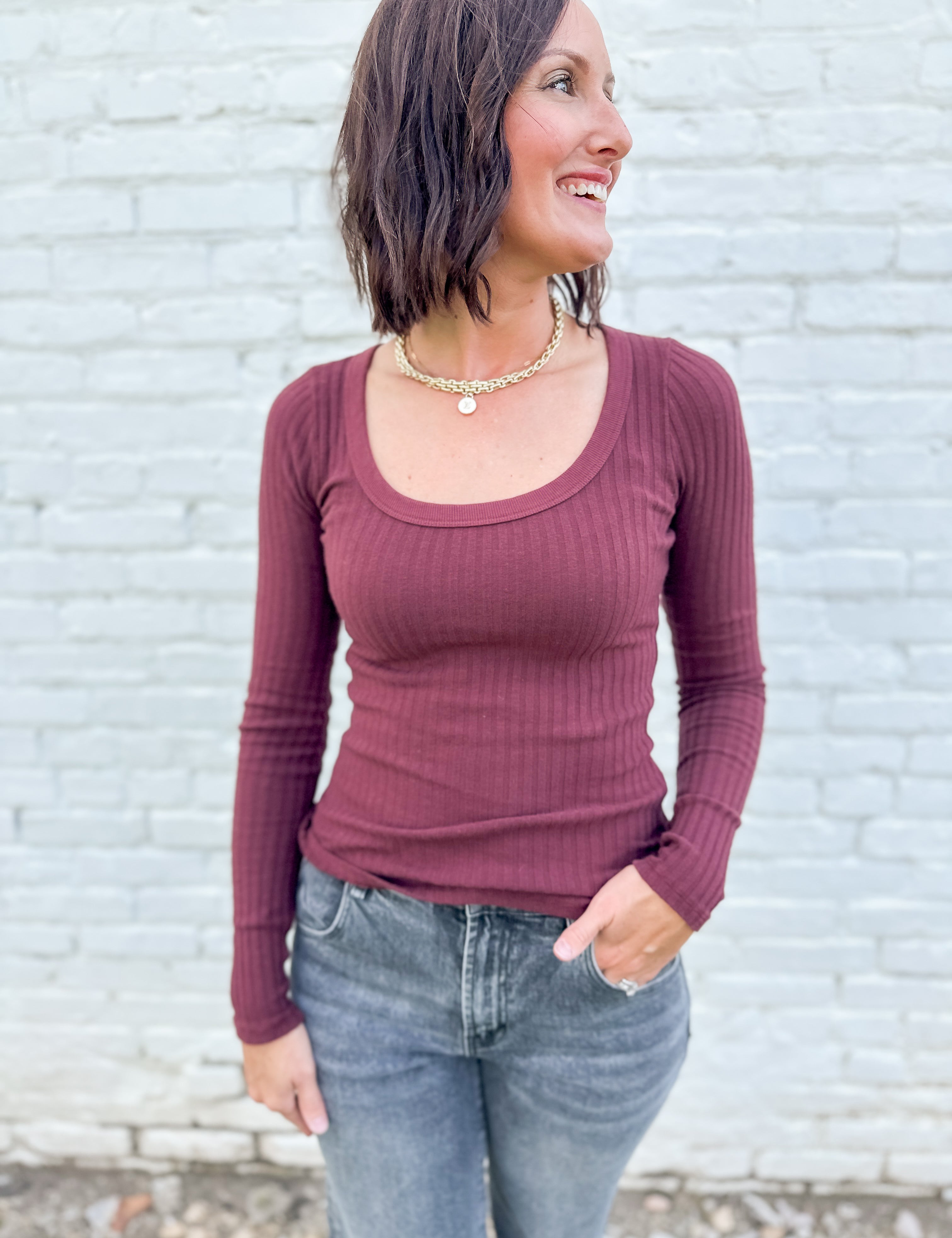 The What's The Scoop Washed Rib Long Sleeve Top by Project Social T