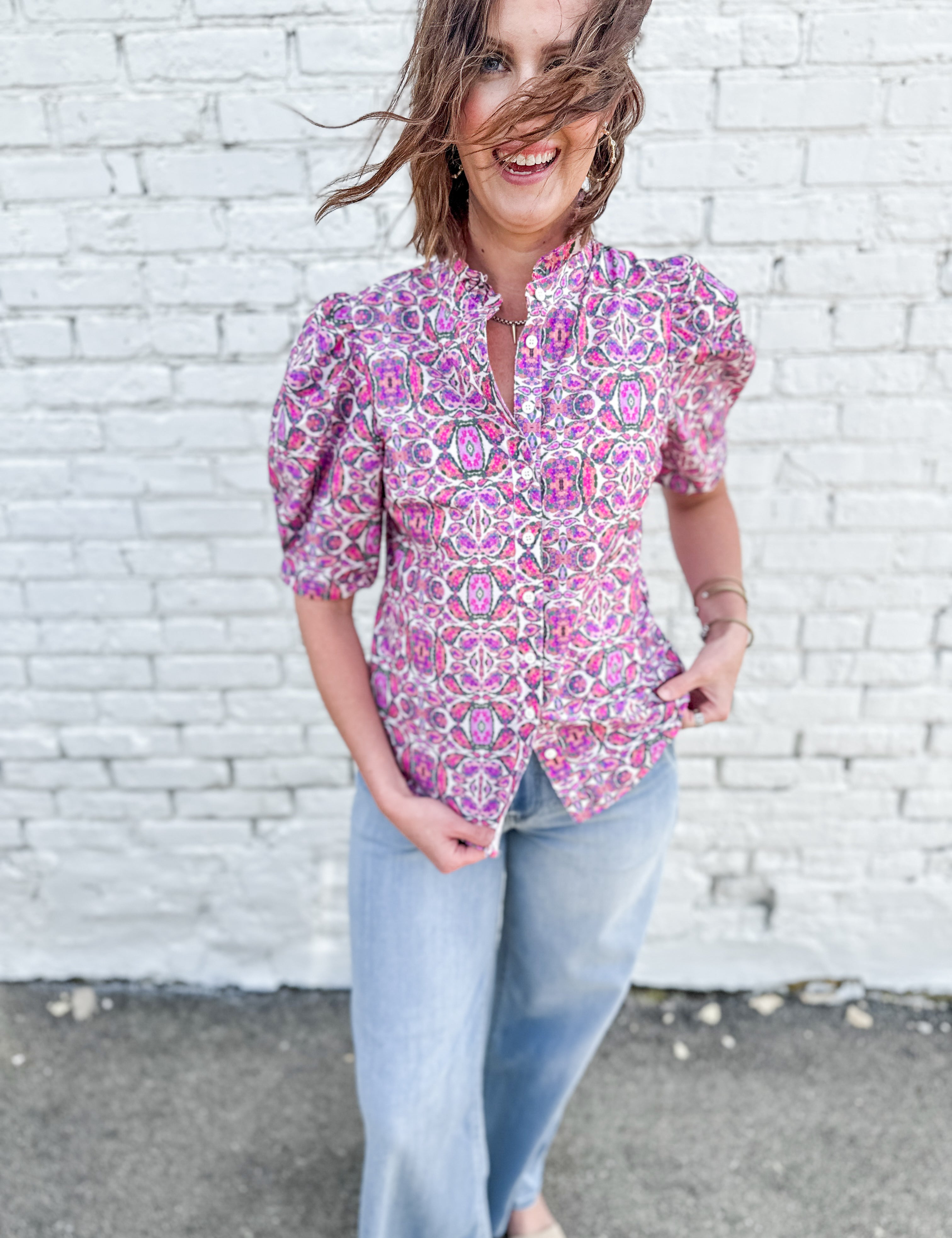 The Melania Ruffle Neck Button Down Top