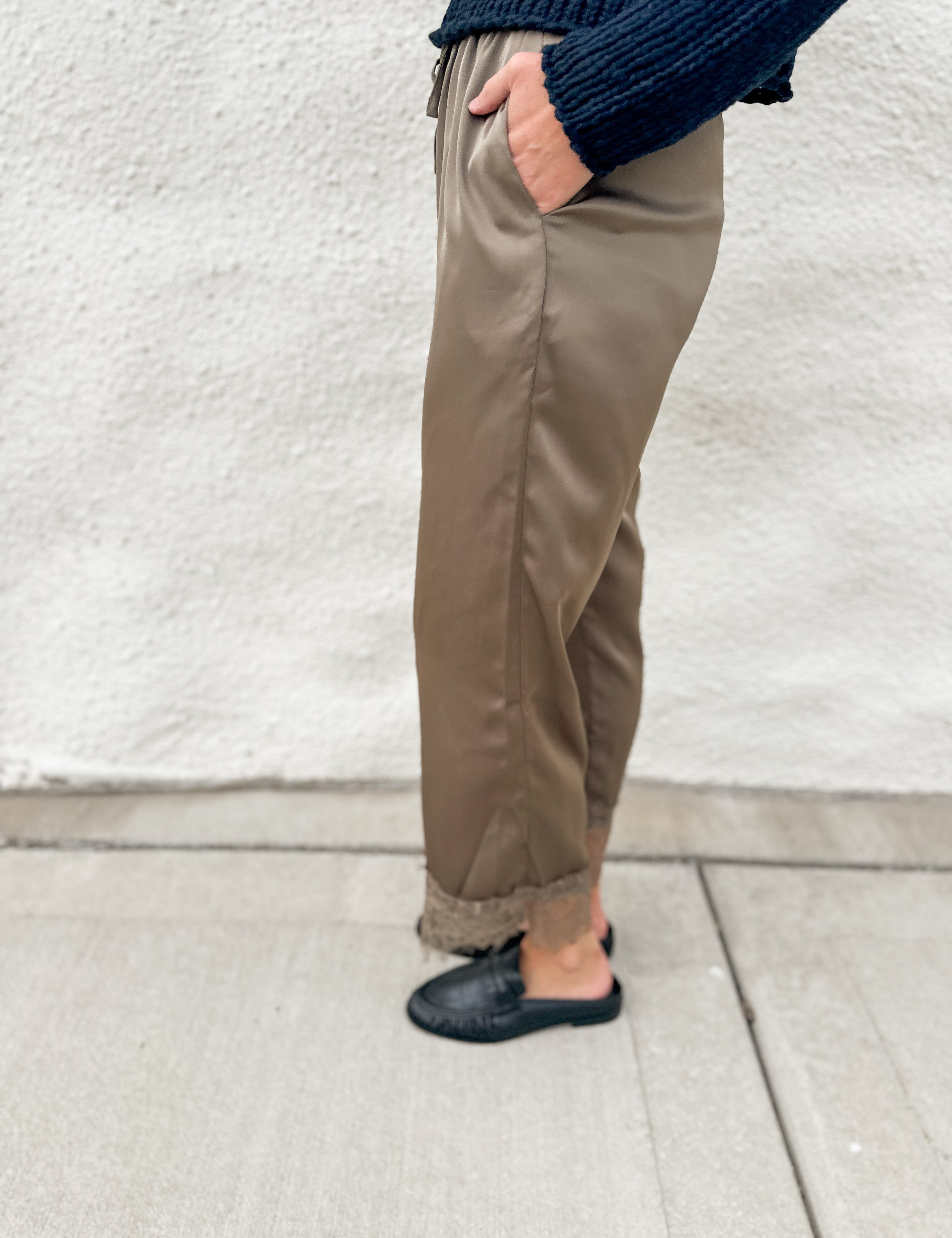 The Emilia Lace Trimmed Satin Pants