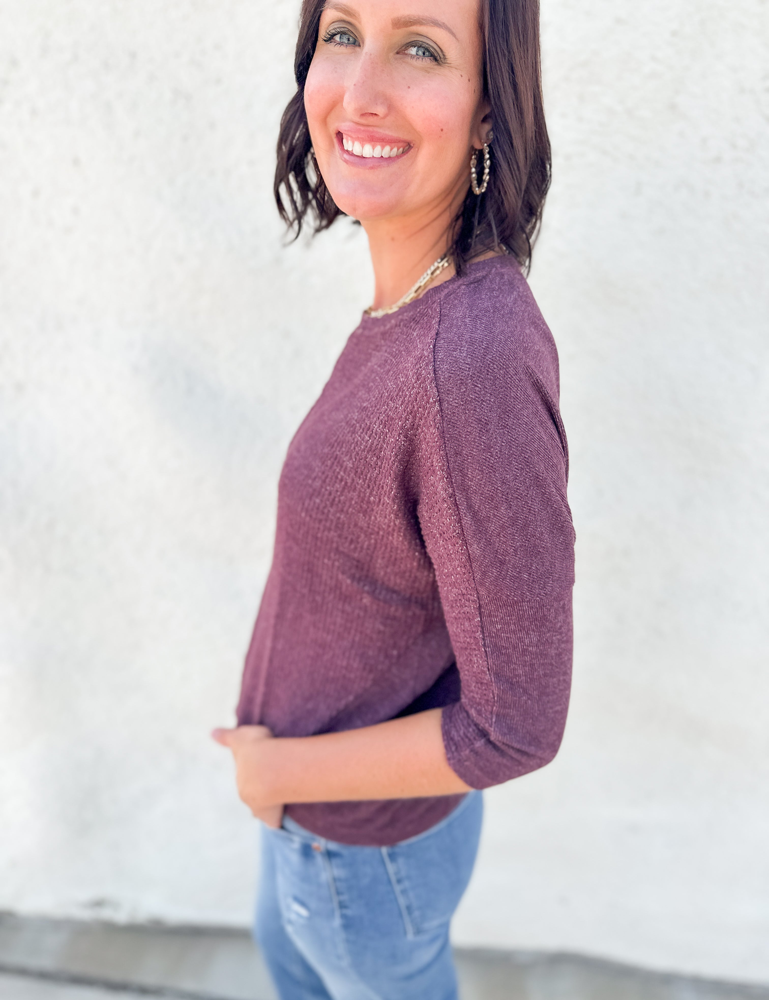 The Lush Waffle Knit 3/4 Sleeve Dolman by Hello Nite