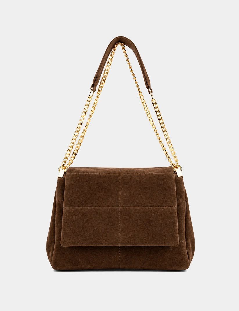 A brown suede shoulder bag with a gold chain strap and a brown leather shoulder strap, shown against a light gray background.