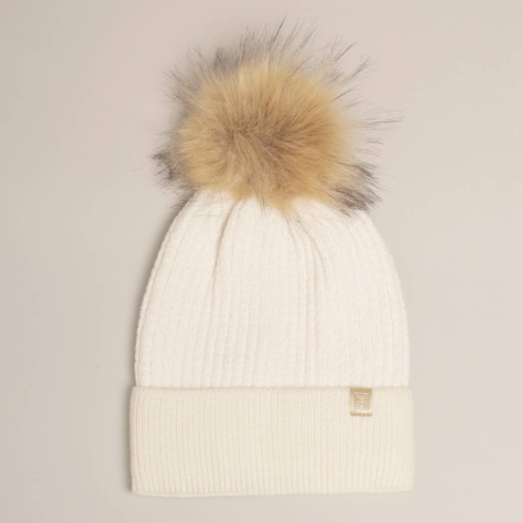 Winter Solid Chenille Cuff Beanie with Pom Pom
