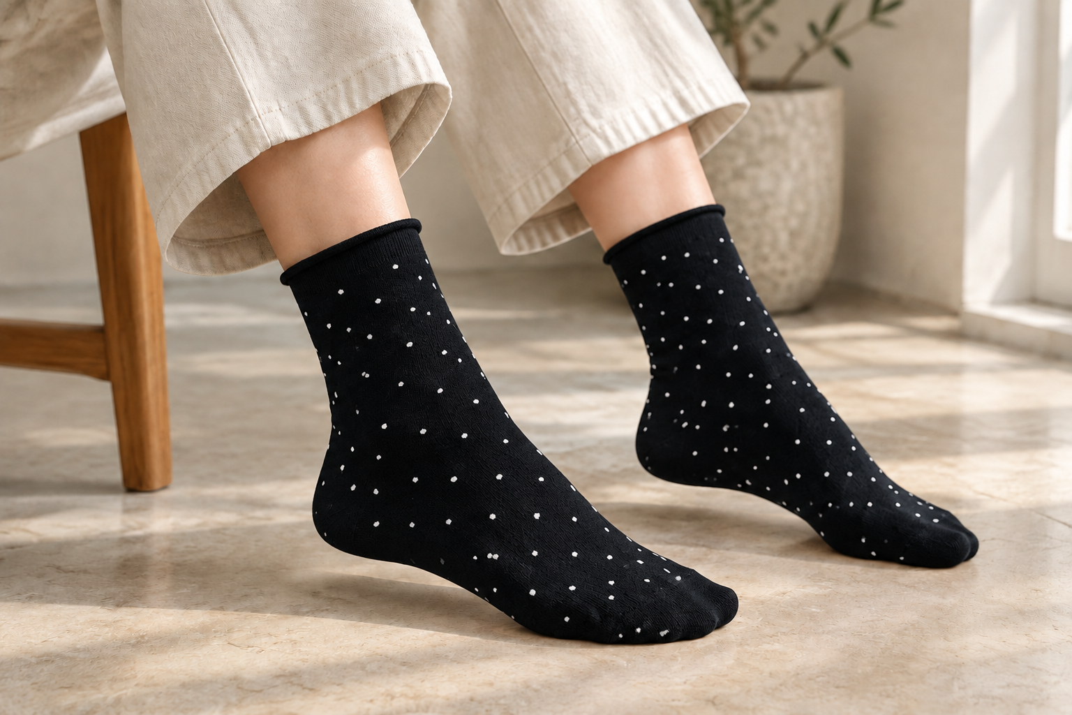 Black-and-white polka-dot socks with rolled cuff styled on feet