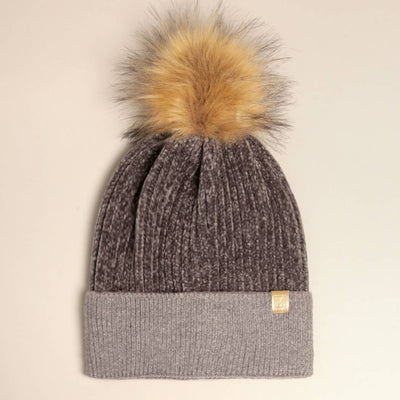 Winter Solid Chenille Cuff Beanie with Pom Pom