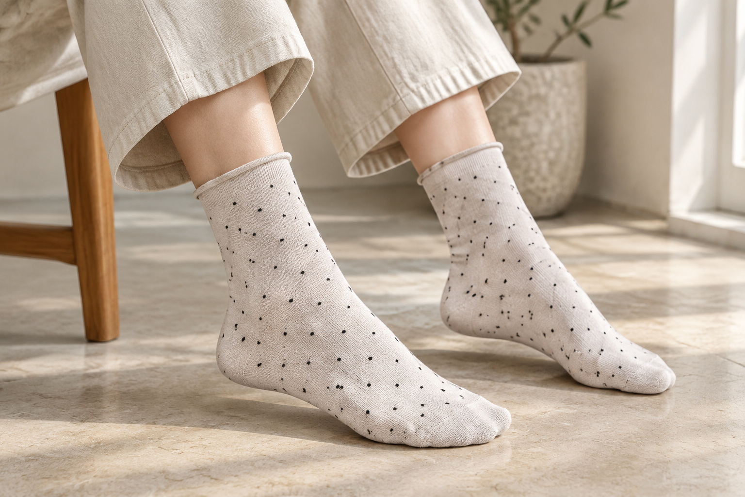 cream sock with black polka dots and rolled cuff on feet