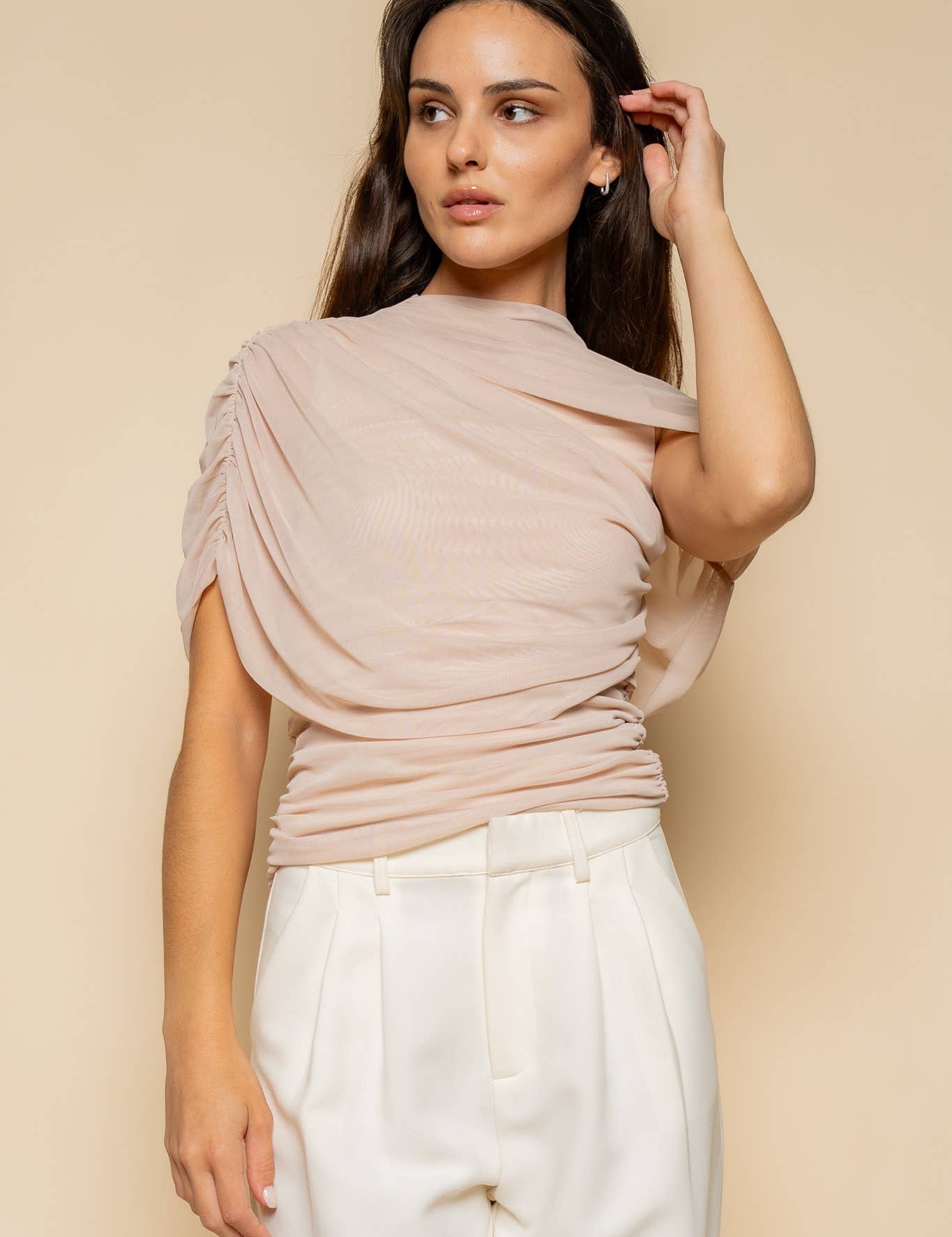 The Saylor Asymmetrical Cape Ruched Top