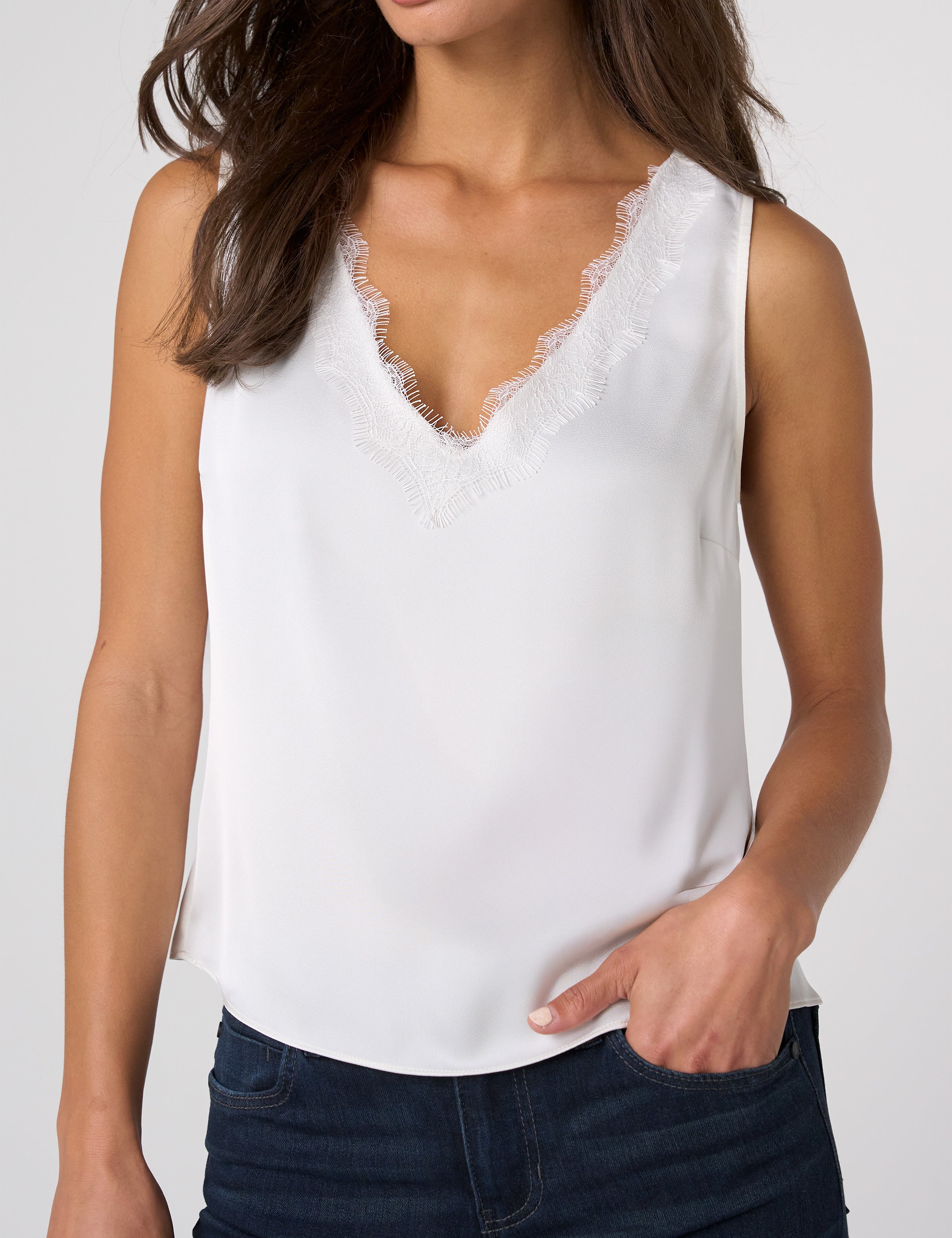 The V-Neck Woven Tank w/ Lace Trim by Liverpool